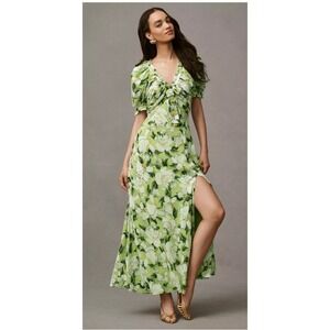 BHLDN x Anthropologie Green Floral Puff Sleeve Bow Front V-Neck Maxi Dress 8